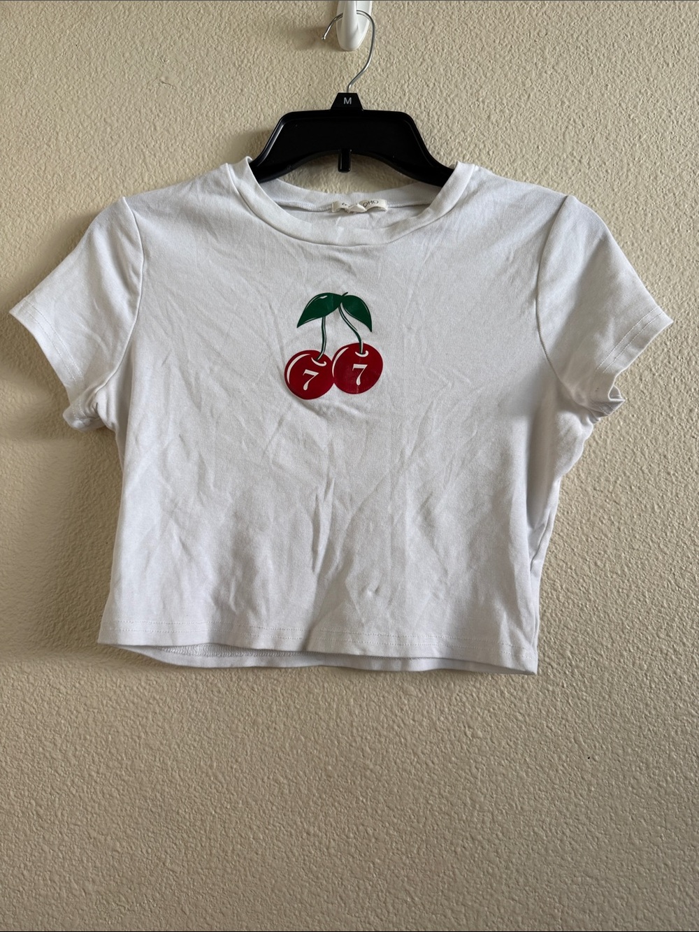 White Cherry Graphic Crop Top with Green Leaves